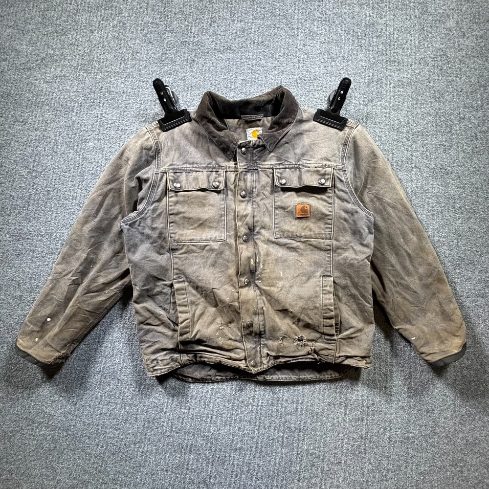 Vintage Carhartt Chore Jacket Mens L Gray Cotton Canvas Full Zip Workwear Coat